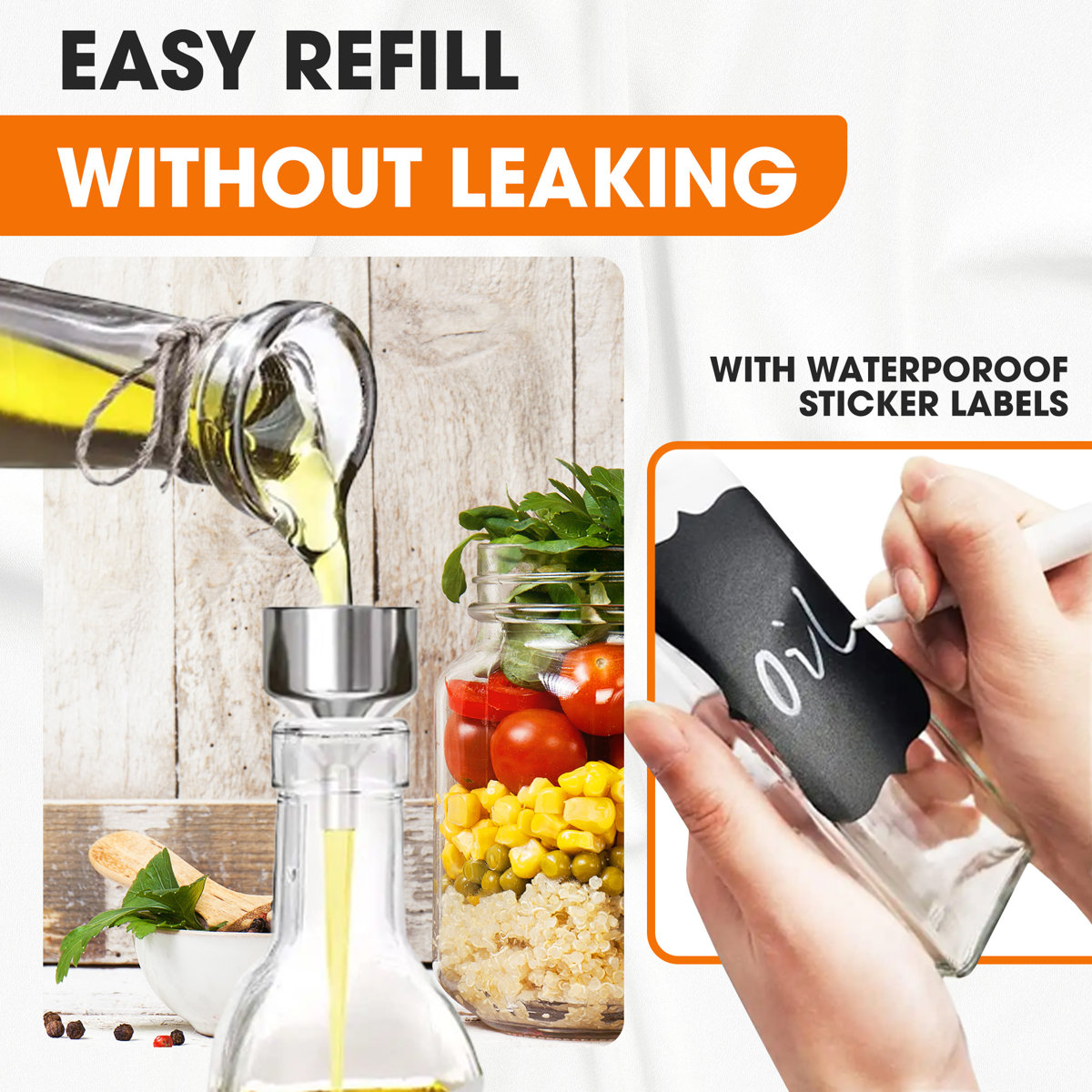 2 Piece Glass Olive Oil Dispenser Set with Pour Spouts Funnel and Labels